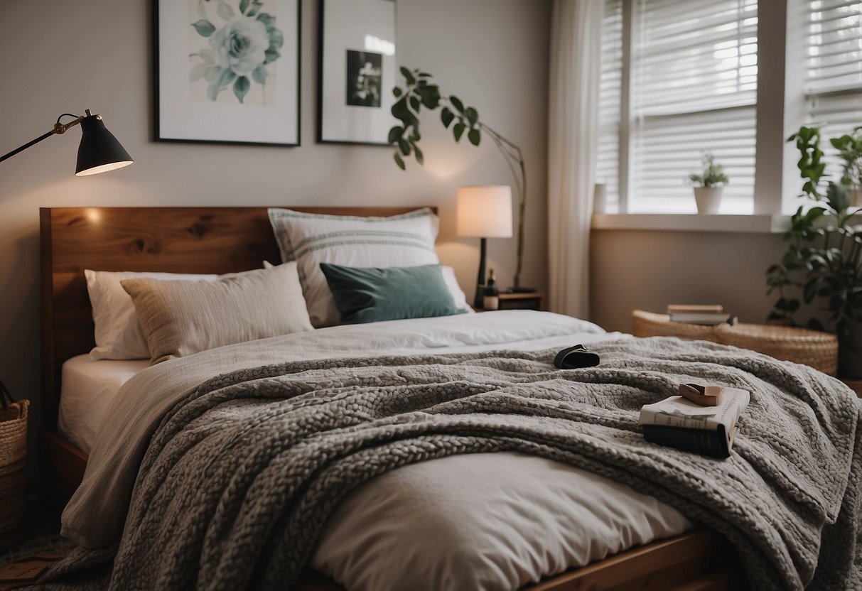 A cozy bedroom with a stylish bed, adorned with decorative pillows and a throw blanket. A sleek nightstand holds a lamp, books, and a few personal trinkets. A gallery wall displays art and photos, while a cozy rug ties the room