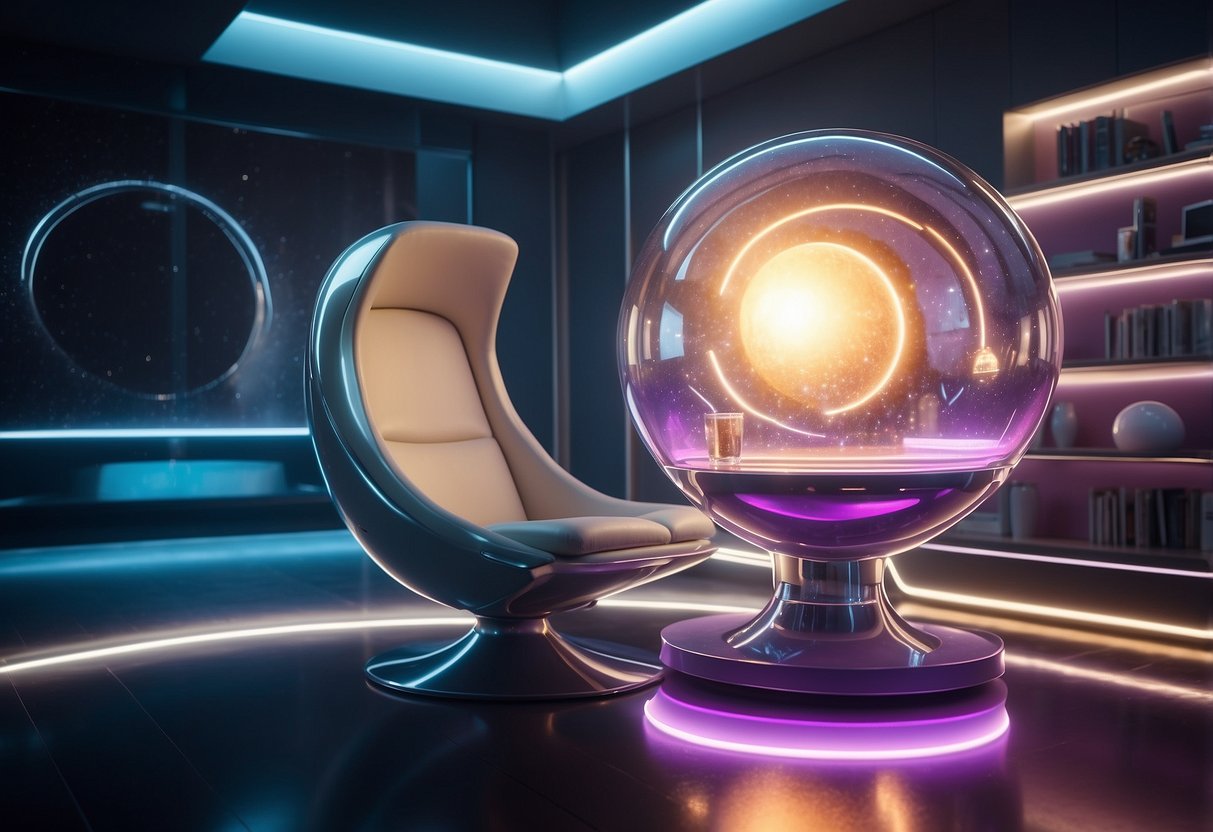 A sleek, metallic chair floats above a glowing orb table in a futuristic space lounge. Shimmering, transparent shelves hold holographic decor