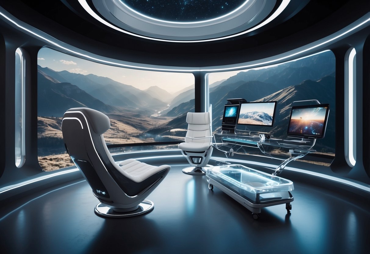 A sleek, futuristic chair floats in zero gravity, surrounded by holographic screens and control panels. The room is filled with metallic and transparent furniture, giving off a space-age vibe