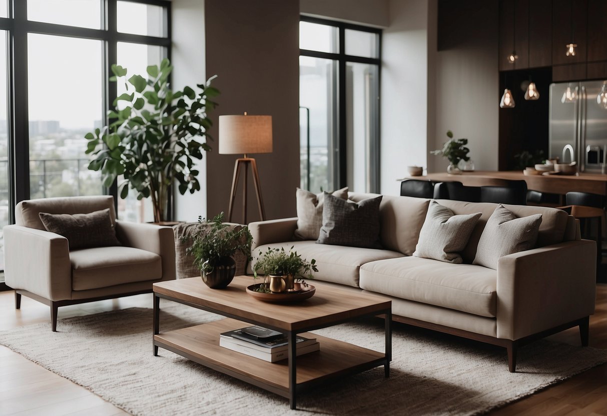 A cozy living room with modern La Cafa furniture, featuring a sleek sofa, elegant coffee table, and stylish accent chairs