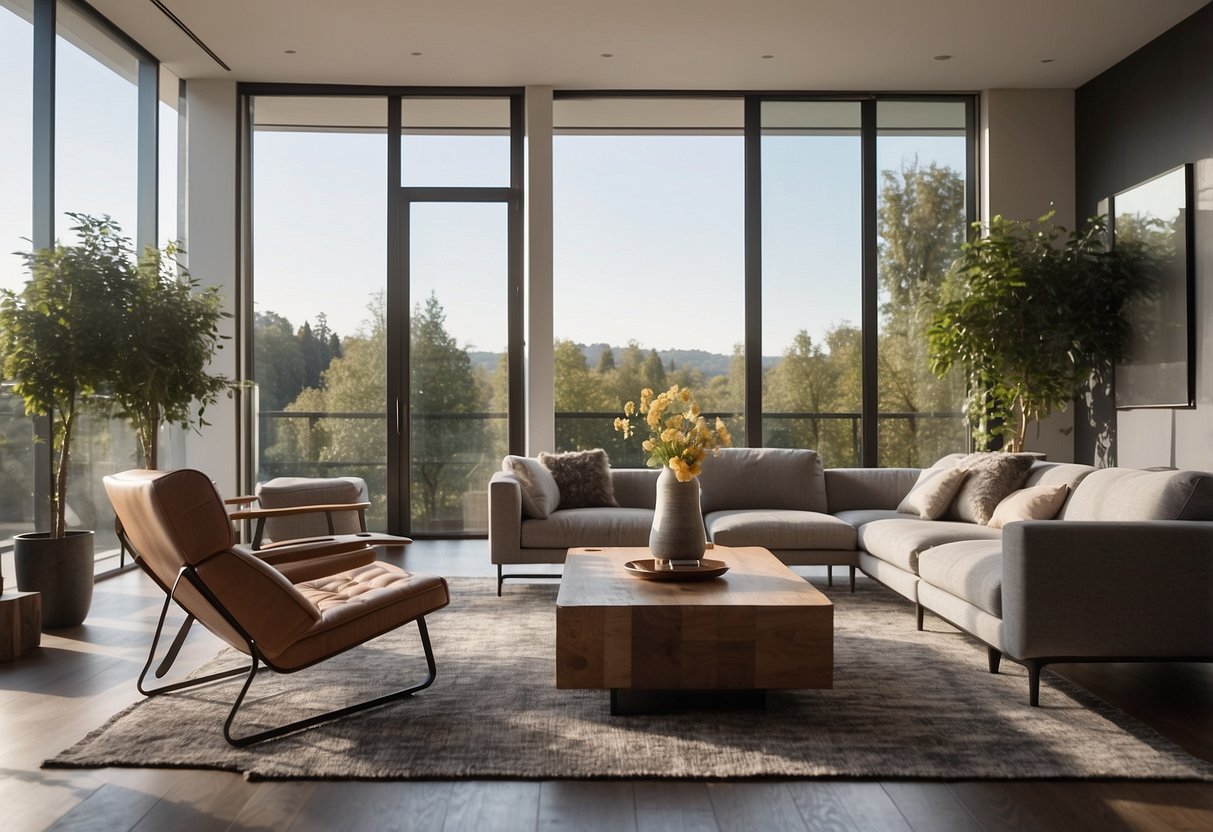 A modern living room with sleek, modular furniture arranged in an open layout, with large windows and natural light streaming in