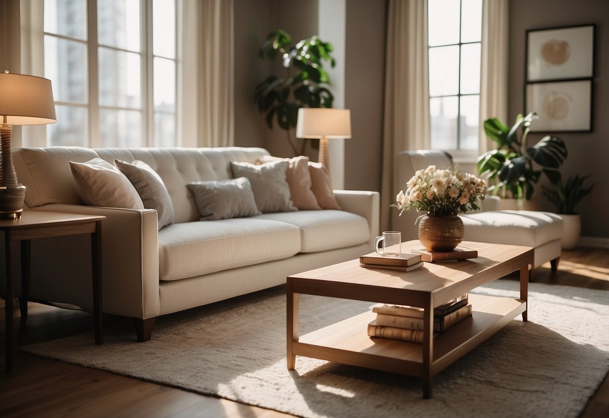 A cozy living room with La Cafa furniture: a plush sofa, sleek coffee table, and elegant floor lamp. Warm sunlight streams in through the window, casting a soft glow on the stylish decor