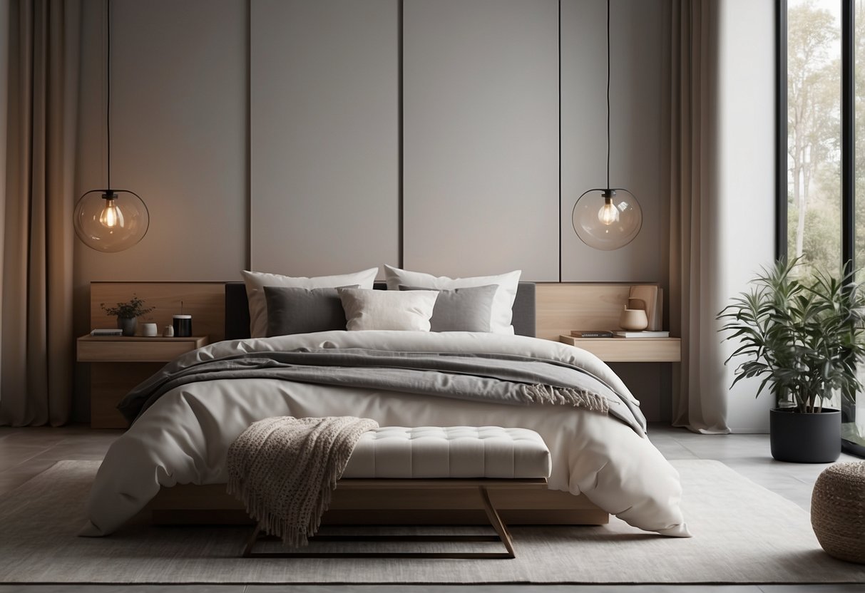 A cozy bedroom with modern, minimalist furniture. Soft, neutral colors and clean lines create a serene and stylish atmosphere