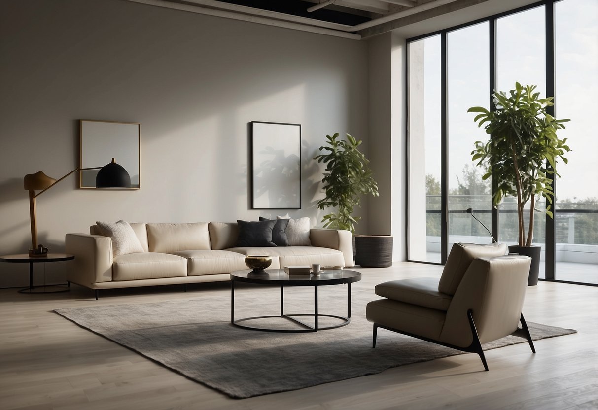 A modern, minimalist room with sleek, space-saving furniture. Clean lines, neutral colors, and functional design