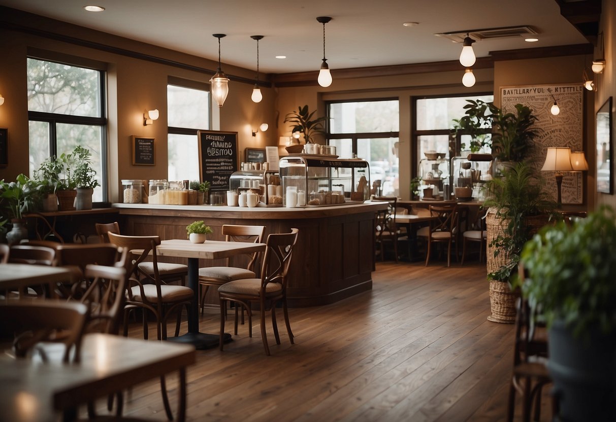 A cozy cafe setting with a variety of furniture and decor. A sign reading "Frequently Asked Questions" is prominently displayed