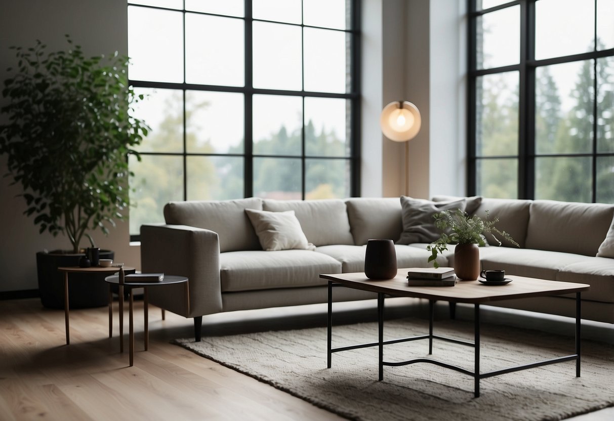 A modern living room with sleek furniture, soft lighting, and a minimalist design. A laptop sits on a coffee table, showcasing an online furniture store