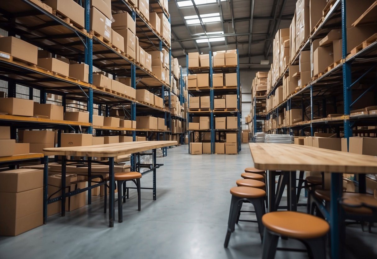 The canteen furniture suppliers stack chairs and tables neatly in a warehouse. Shelves hold various furniture parts and tools