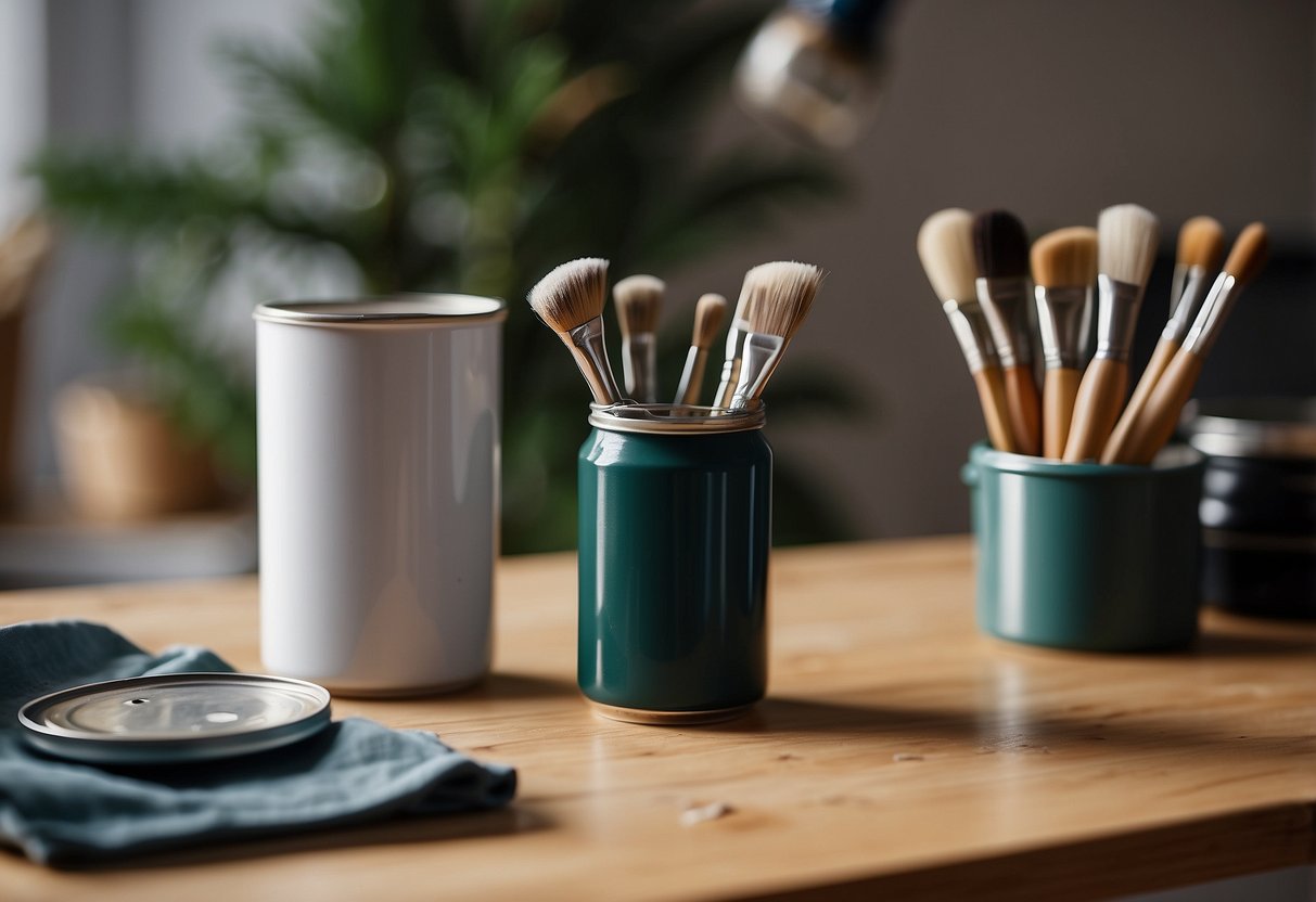 A can of high-quality paint sits next to a pine IKEA table, surrounded by brushes and a drop cloth