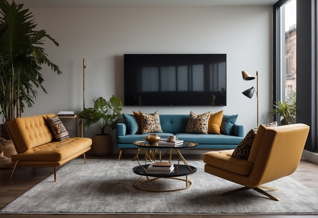 A computer screen displays a variety of furniture pieces on an online platform. A cursor hovers over a sleek sofa, while vibrant rugs and elegant coffee tables are showcased in the background