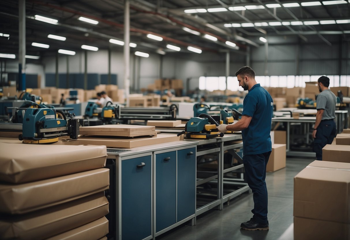 Machines hum at Cellini Furniture Factory Outlet, with workers assembling and packaging furniture. Raw materials are stacked neatly in the corner