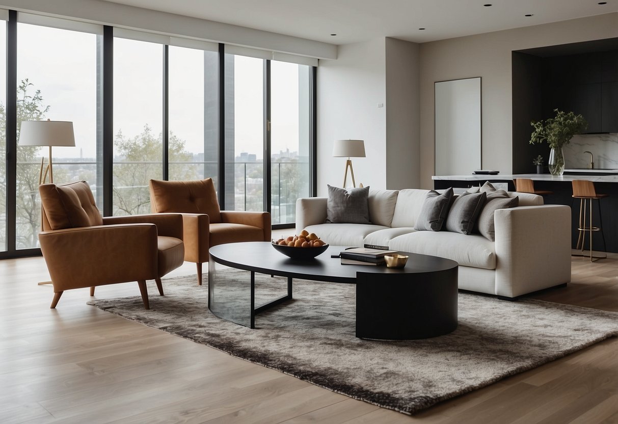 A cozy living room with a modern sofa, a sleek coffee table, and a statement area rug. A minimalist dining area with a stylish table and chairs