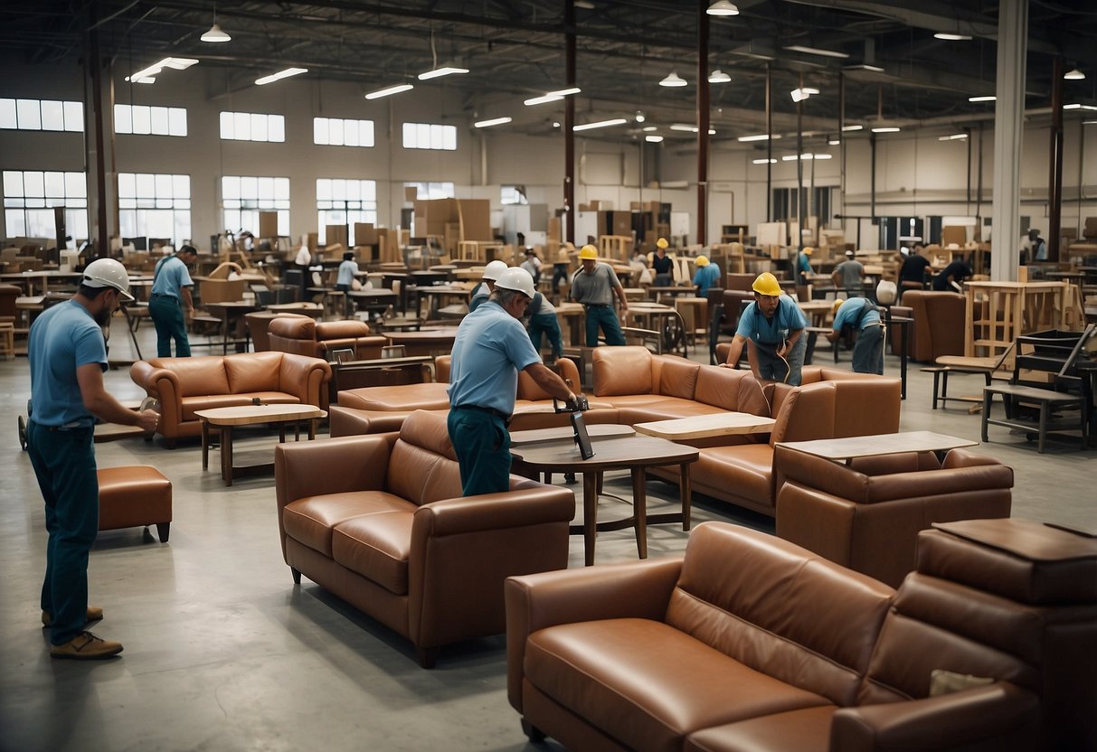 The Cellini Furniture Factory Outlet bustles with workers assembling sleek, modern furniture pieces. Machinery hums as raw materials are transformed into elegant sofas and tables
