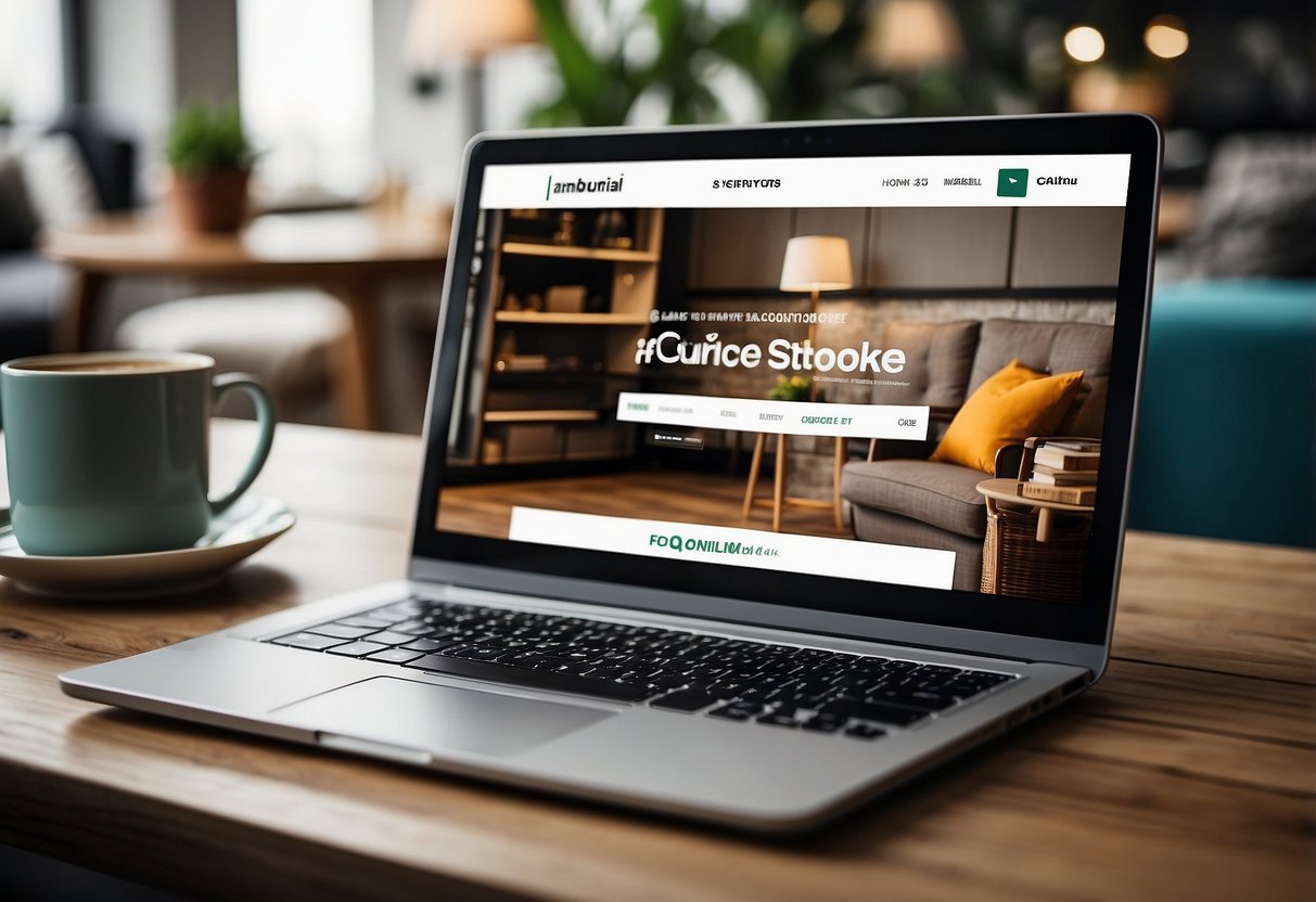 A laptop open with a browser displaying an online furniture store's FAQ page, with a stack of furniture catalogs and a cup of coffee nearby