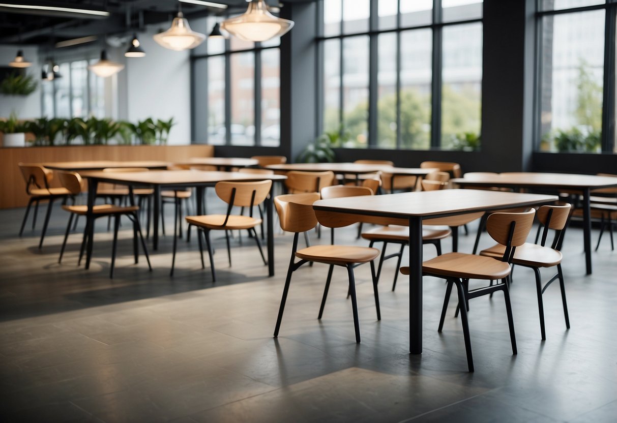 A variety of modern canteen furniture options displayed in a spacious showroom, with tables, chairs, and benches in different styles and materials