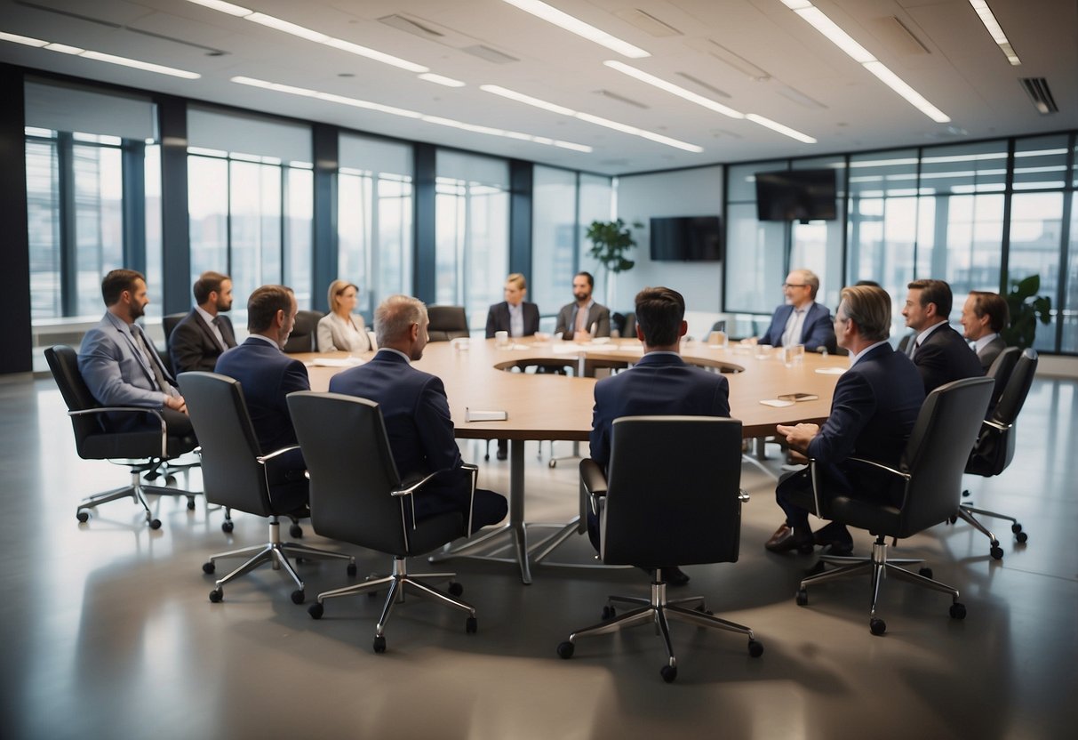A group of canteen furniture suppliers present their products to a selection committee in a large conference room