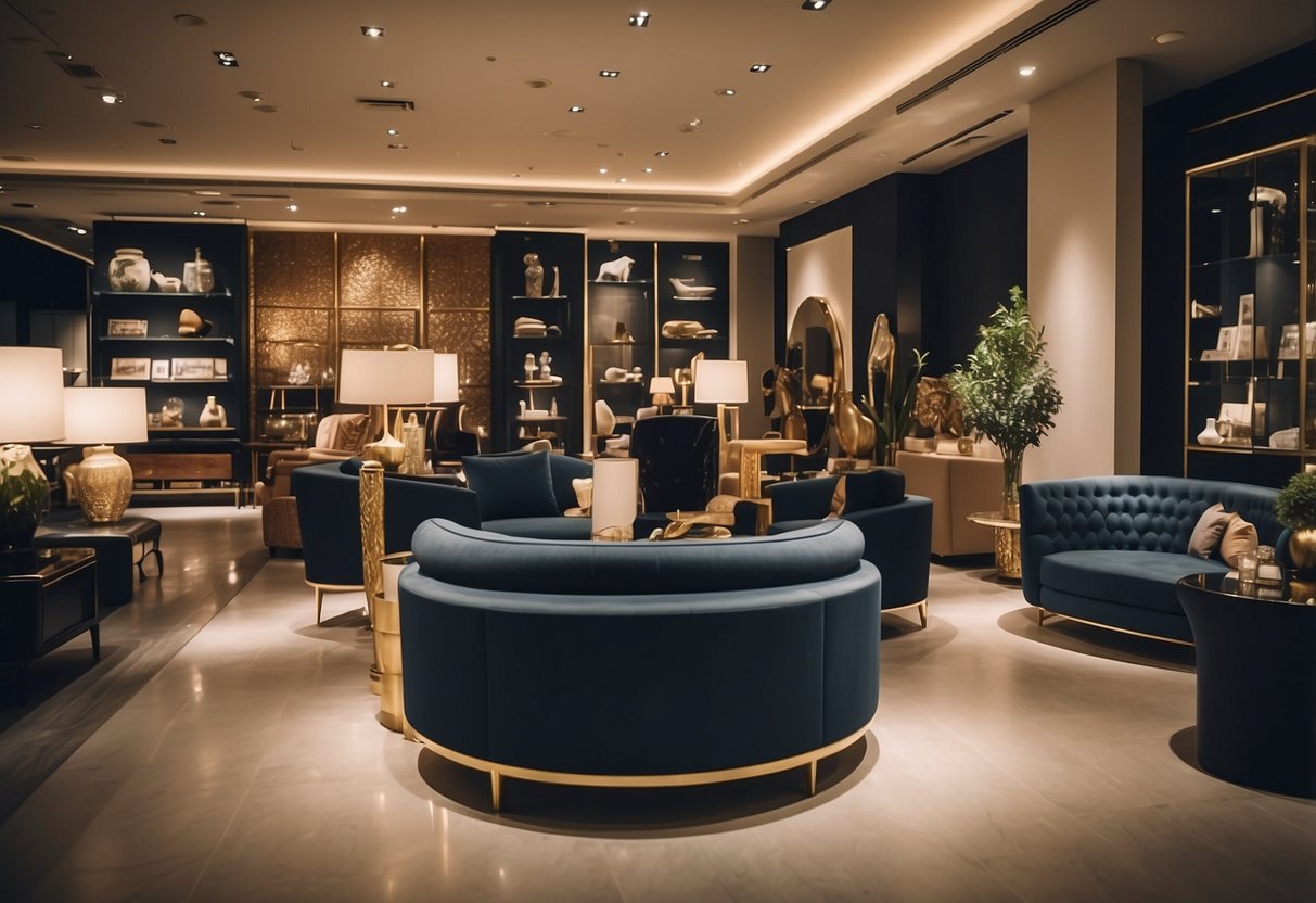 Customers browsing luxurious furniture displays at Cellini outlet, surrounded by elegant decor and attentive staff
