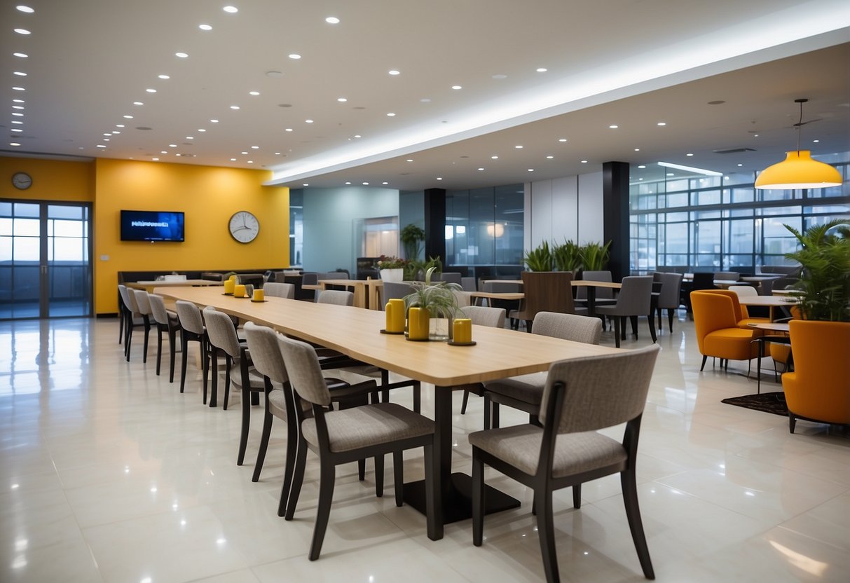A spacious canteen with modern, sleek furniture arranged in an inviting and functional layout, with a variety of seating options and vibrant decor
