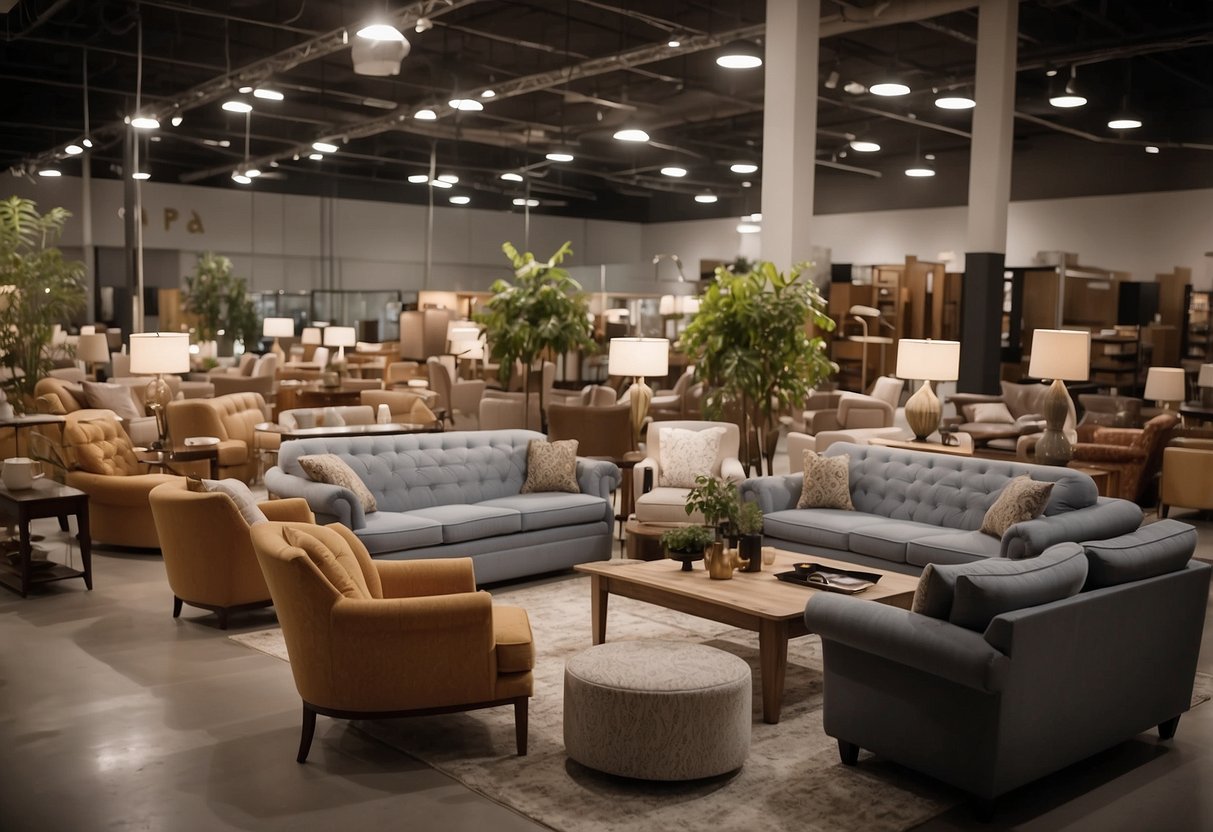 The bustling Cellini furniture factory outlet displays a wide array of products, with customers and staff engaged in conversations and transactions