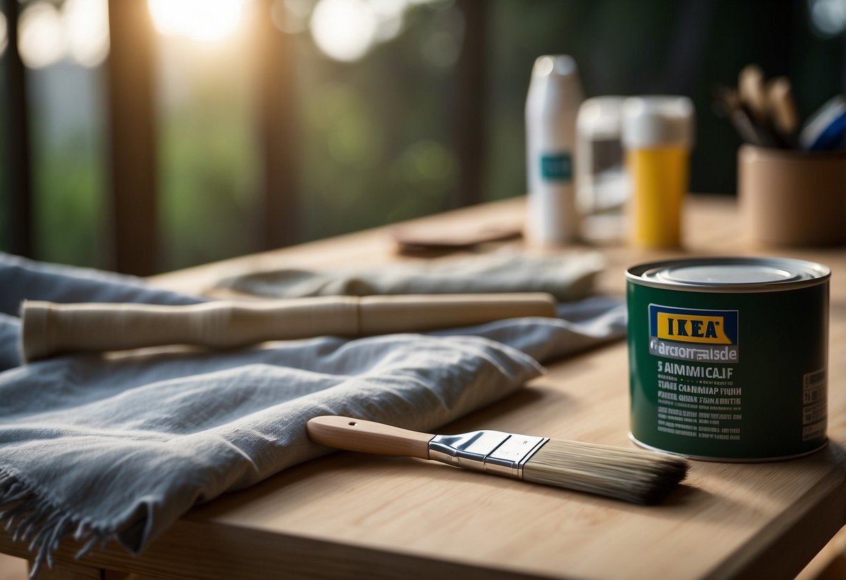 A can of primer and a paintbrush sit next to a pine Ikea table. Sandpaper and a dust cloth lay nearby