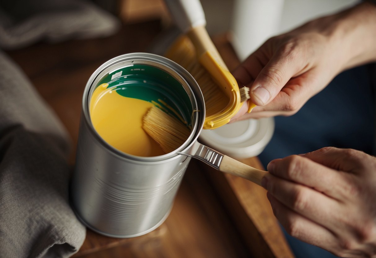 A hand reaches for a can of paint, a brush poised to apply the finishing touches to a pine furniture piece from Ikea