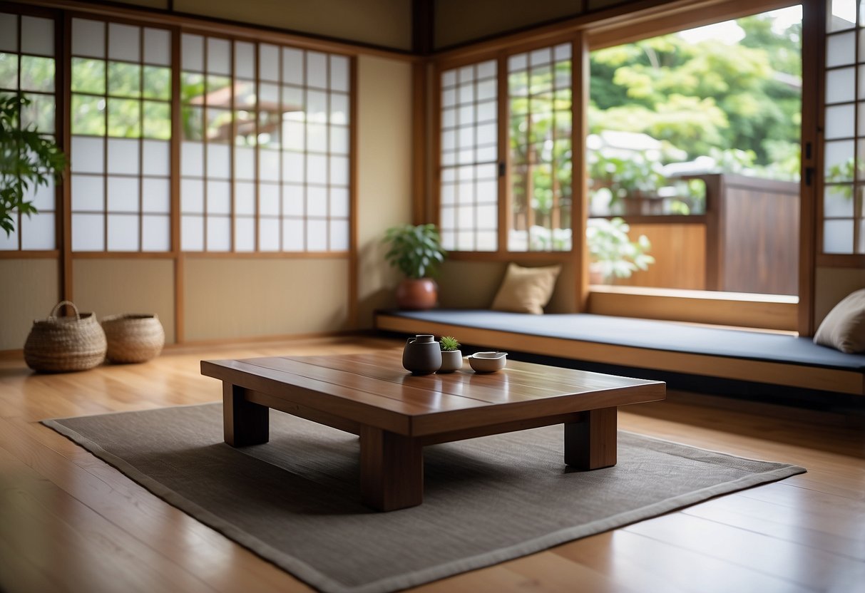 A low wooden table with floor cushions, sliding paper doors, and a traditional tatami mat floor in a Japanese style living room