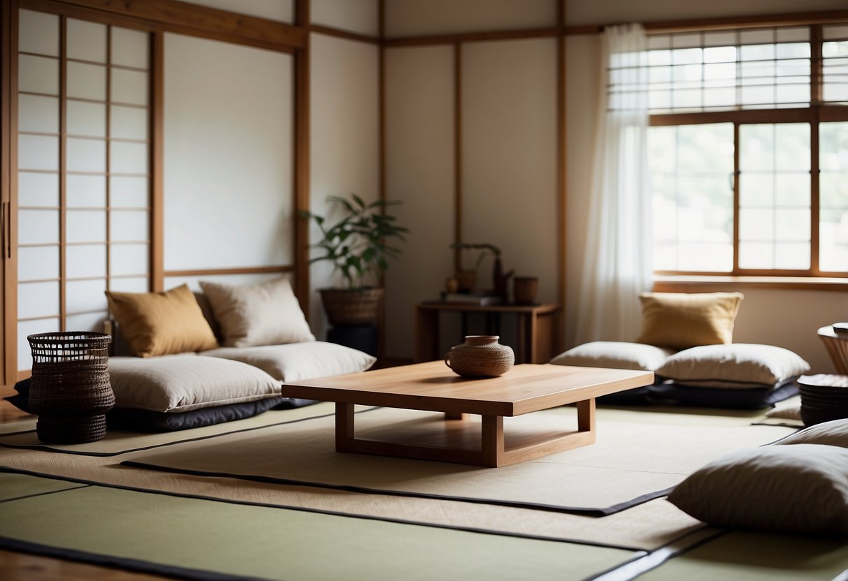A Japanese style living room with minimalistic furniture, clean lines, and natural materials. A low wooden table surrounded by floor cushions, shoji screens, and a tatami mat floor