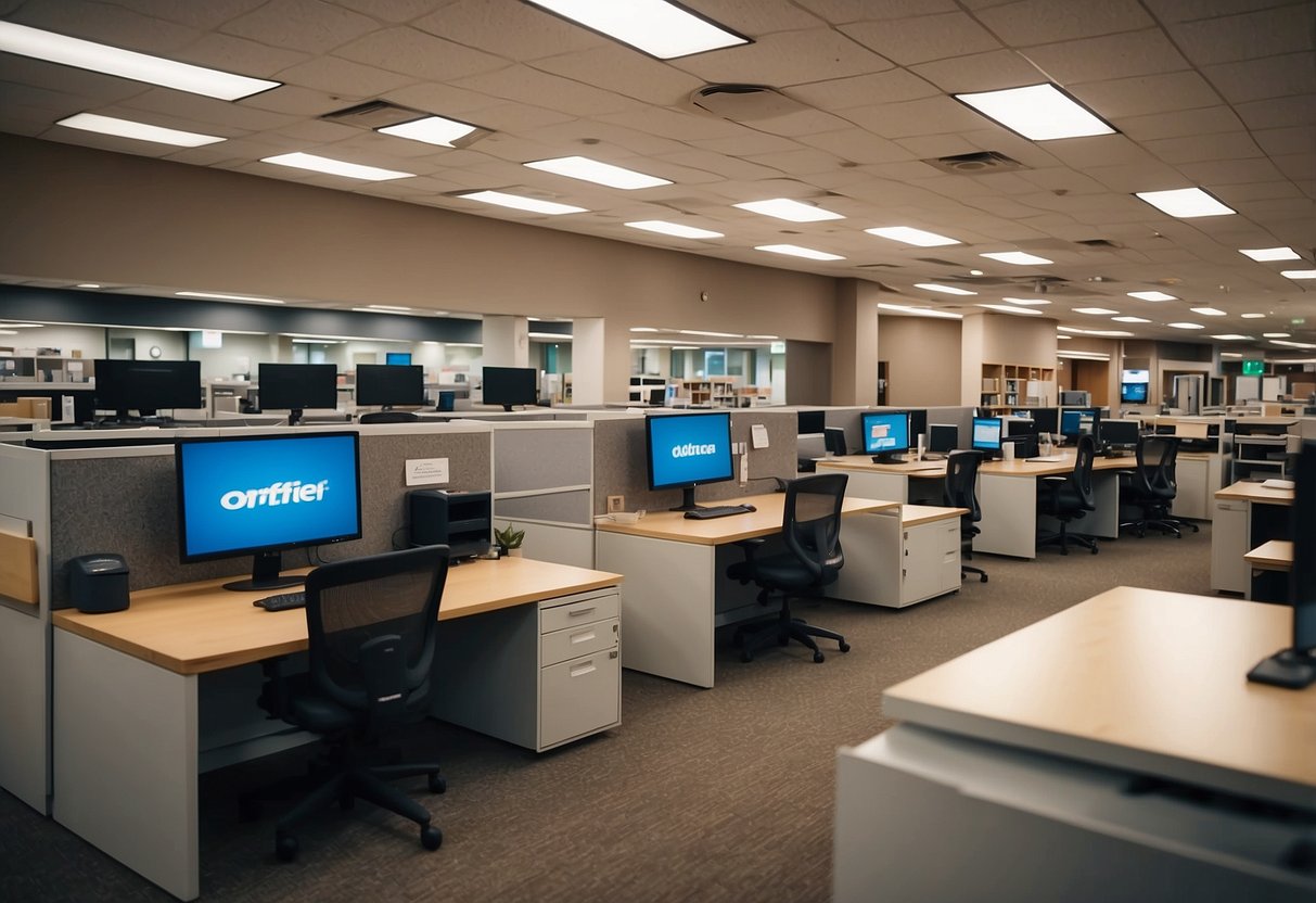 The office furniture store is filled with rows of desks, chairs, and shelves. Bright lighting illuminates the displays, and a salesperson assists a customer