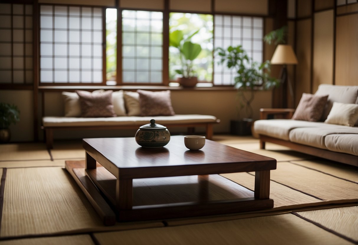 A cozy Japanese living room with low wooden furniture, paper sliding doors, tatami mats, and a low table with floor cushions