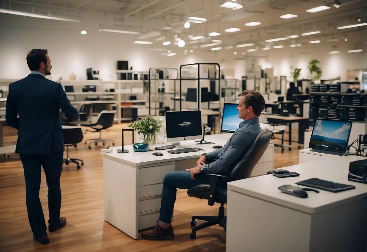 A well-lit showroom displays desks, chairs, and shelving. A customer tries out an ergonomic chair while a salesperson assists another customer with a desk selection
