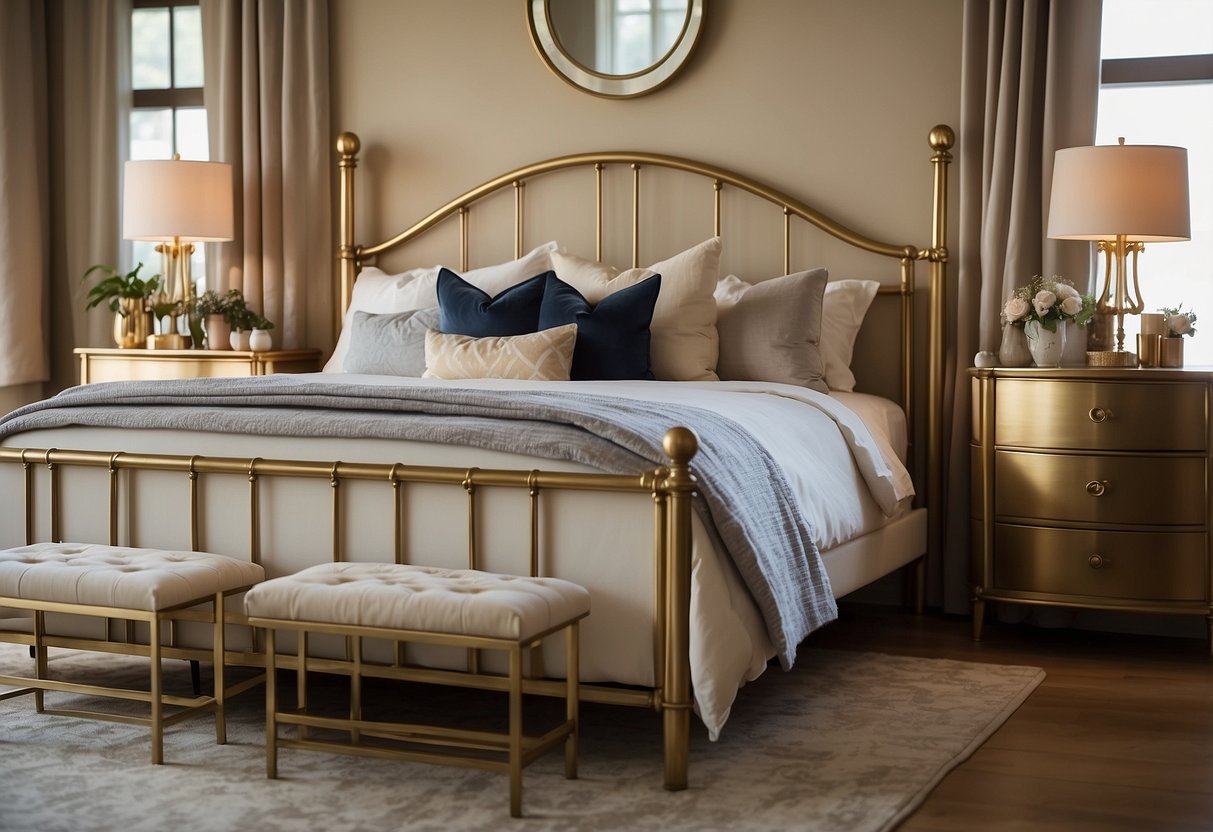 The brass bed frame gleams in the soft light, flanked by matching nightstands and a dresser. The warm tones of the metal add a touch of elegance to the cozy bedroom
