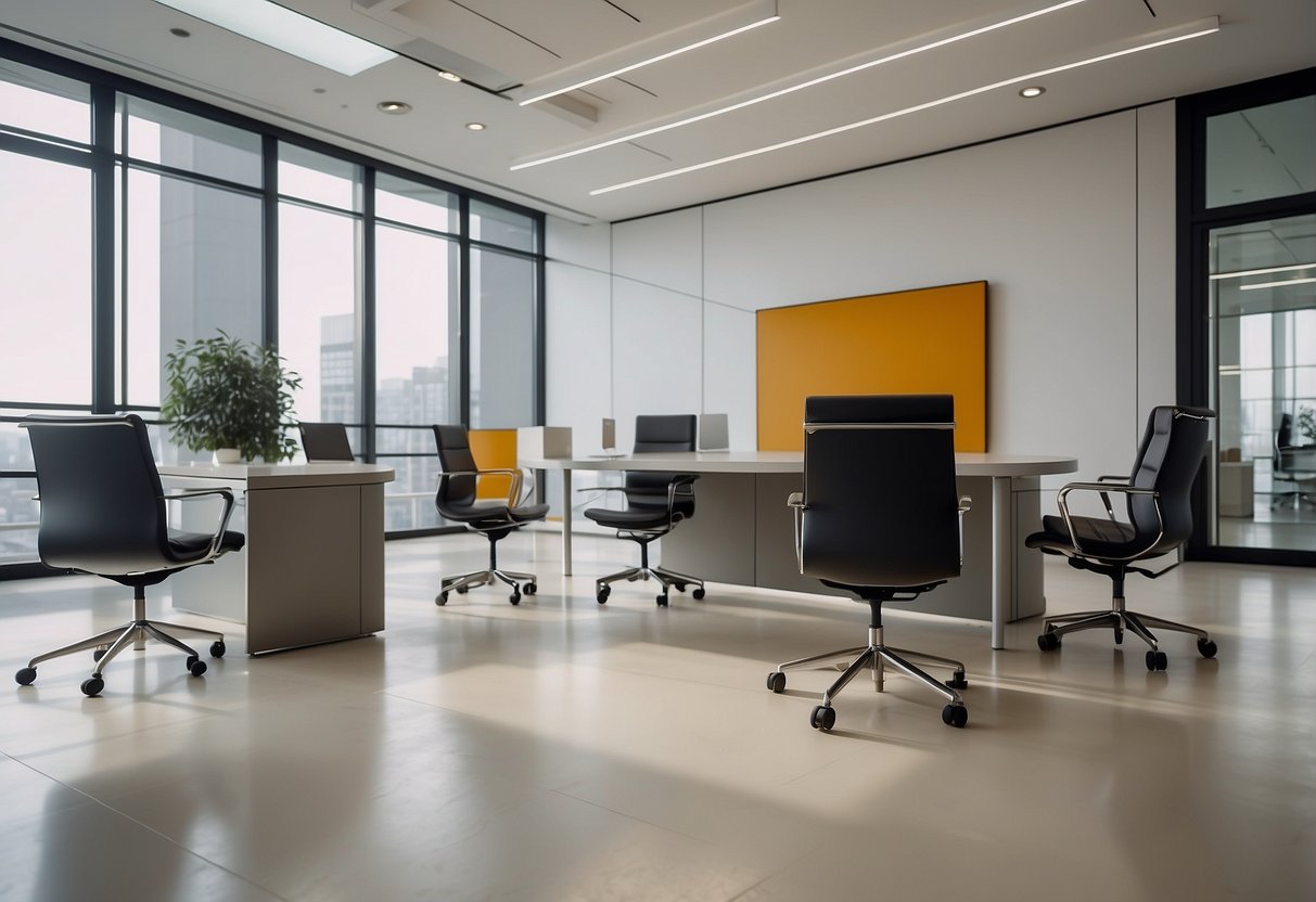 Sleek, modern office furniture displayed in a spacious showroom with clean lines and neutral color palette. Bright lighting highlights the minimalist design and quality craftsmanship