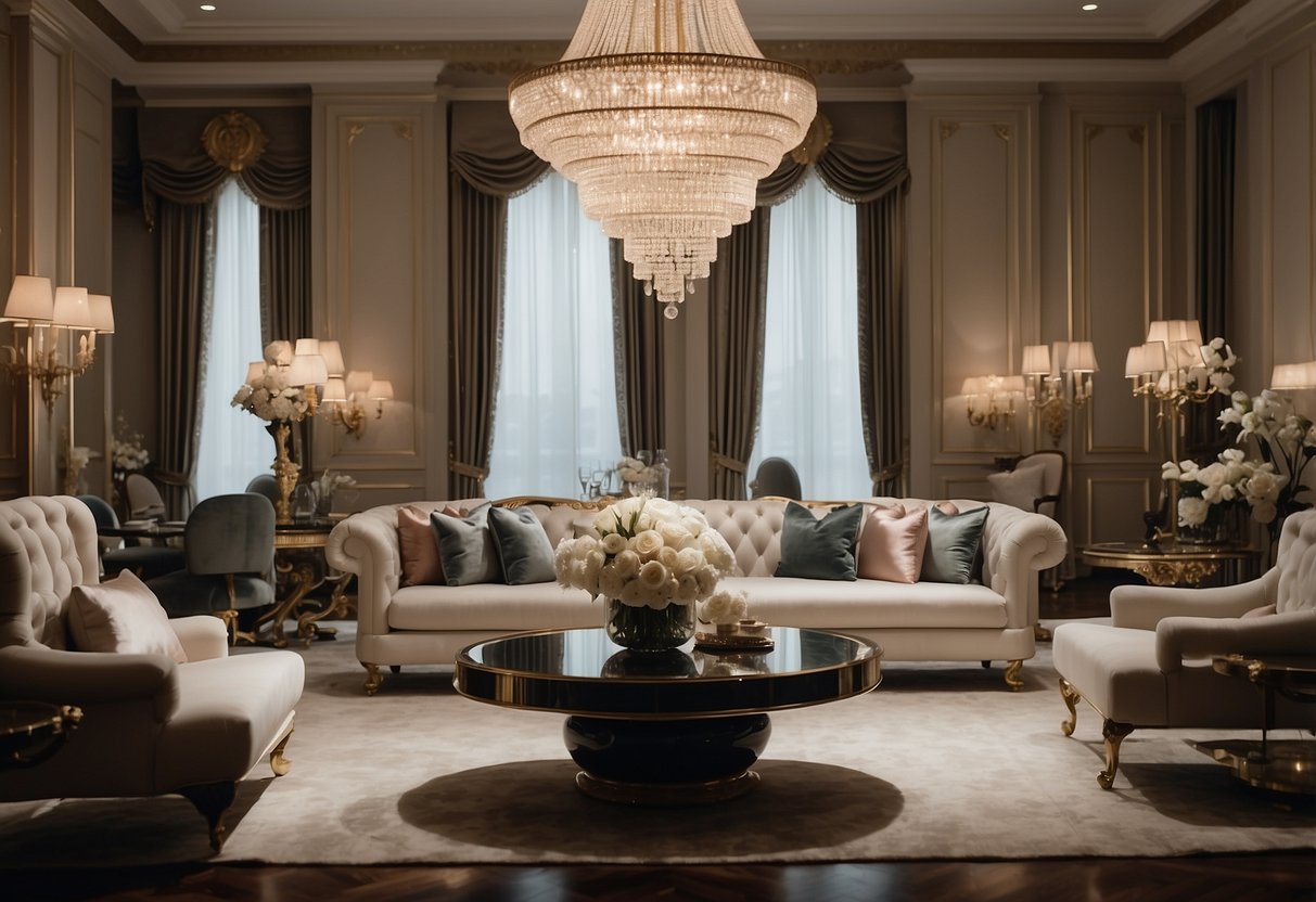 A room filled with luxurious furniture, including elegant sofas, ornate tables, and plush armchairs. The space exudes opulence and comfort