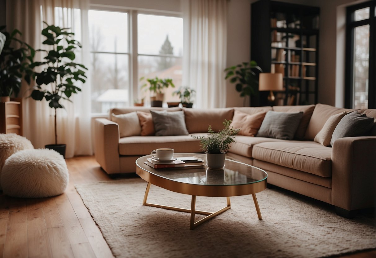 A cozy living room with a plush sofa, a sleek coffee table, and a warm, inviting atmosphere