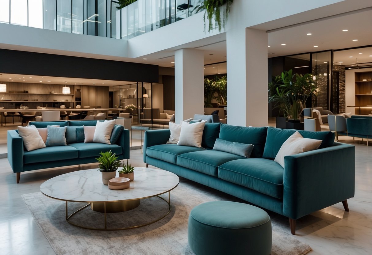 A modern, sleek furniture showroom in Singapore, with clean lines and minimalist designs. Bright lighting highlights the display of stylish sofas, tables, and chairs