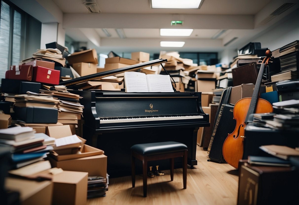 A cluttered office with a grand piano and furniture stacked haphazardly, ready for cheap movers in Singapore