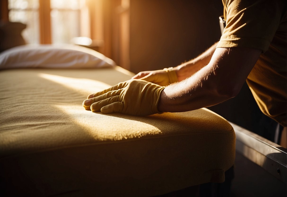 A hand polishing a brass bed frame with a soft cloth, sunlight streaming through a window, highlighting the warm, golden tones of the furniture