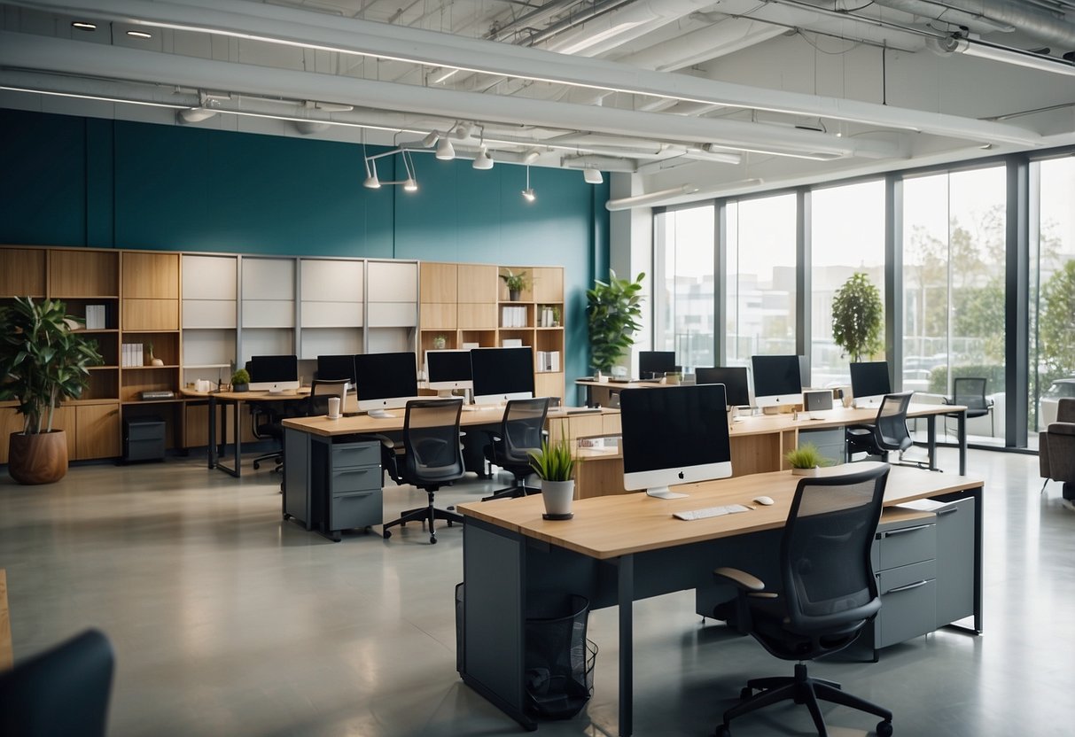 A spacious showroom with modern office furniture displays, bright lighting, and a friendly reception area. Multiple desks, chairs, and storage units are showcased with informative signs and labels