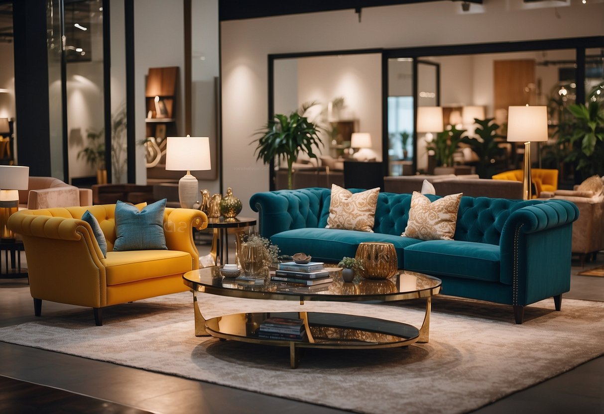 A showroom filled with modern and classic furniture pieces, arranged in stylish settings, with natural lighting and vibrant colors