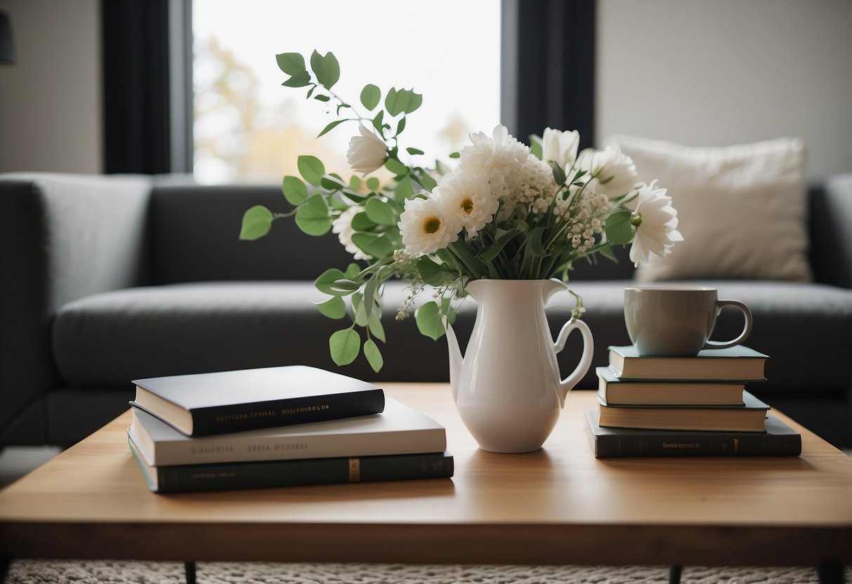 A cozy living room with a plush sofa, a soft rug, and a sleek, modern coffee table positioned in the center, adorned with a stack of books and a vase of fresh flowers