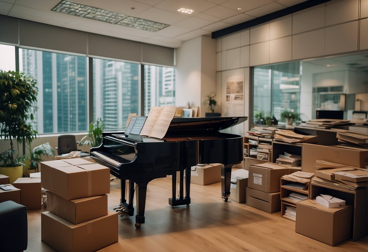 A cluttered office with a grand piano and bulky furniture. A map of Singapore on the wall. Boxes and packing materials scattered around