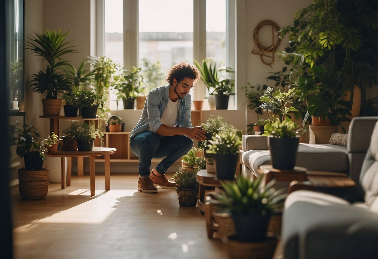 A person carefully selecting and arranging furniture in a well-lit, organized room, with plants and decor enhancing the cozy atmosphere