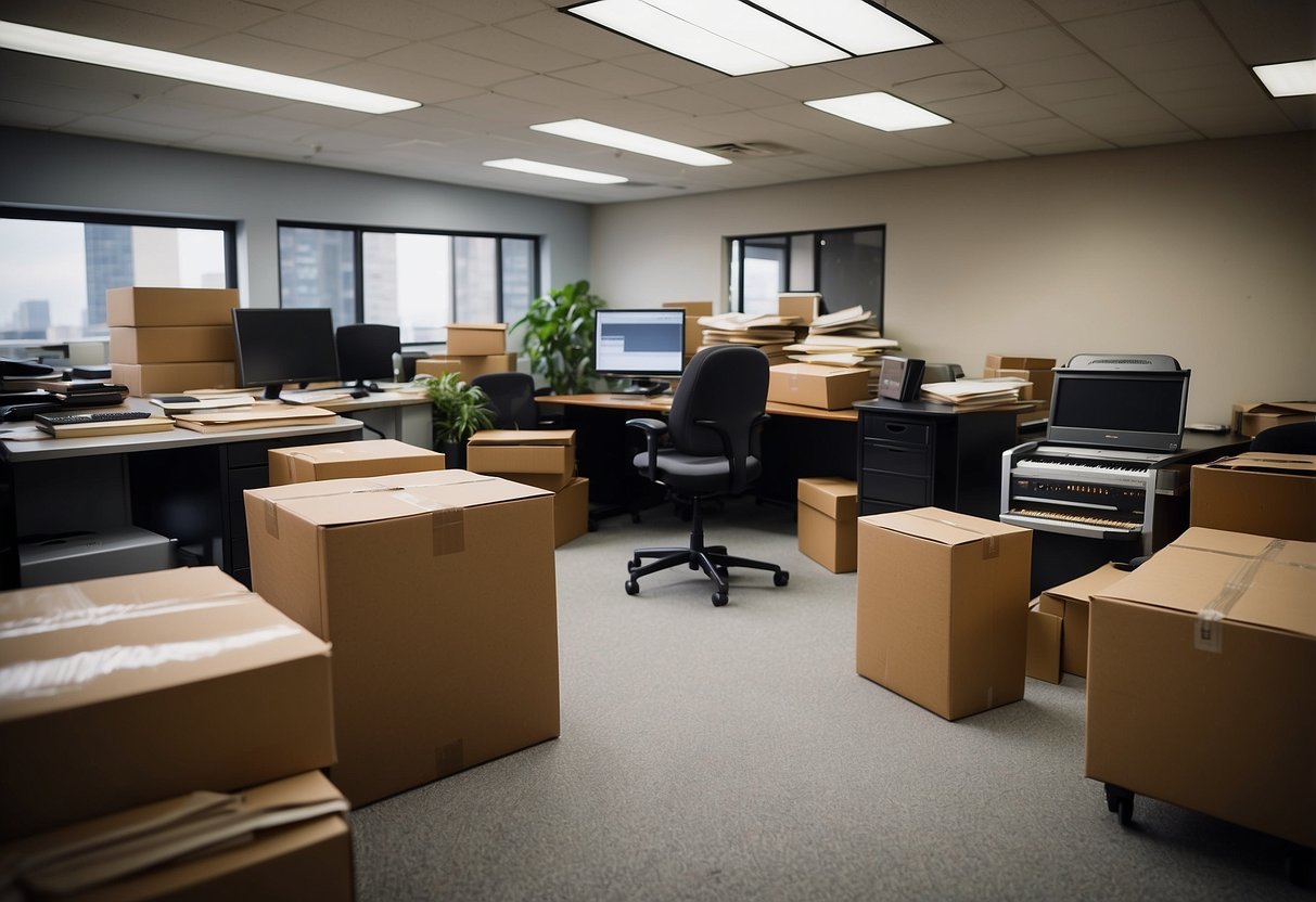 A cluttered office space with desks, chairs, and boxes. Movers are carrying a heavy piano while others load furniture onto a truck