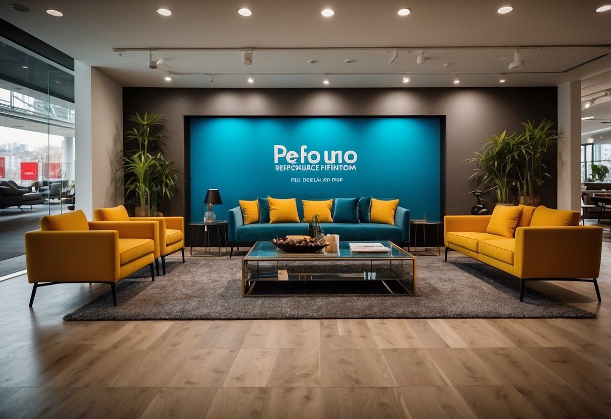 A vibrant showroom with bold signage, showcasing sleek modern furniture with "Exclusive Deals and Offers" prominently displayed