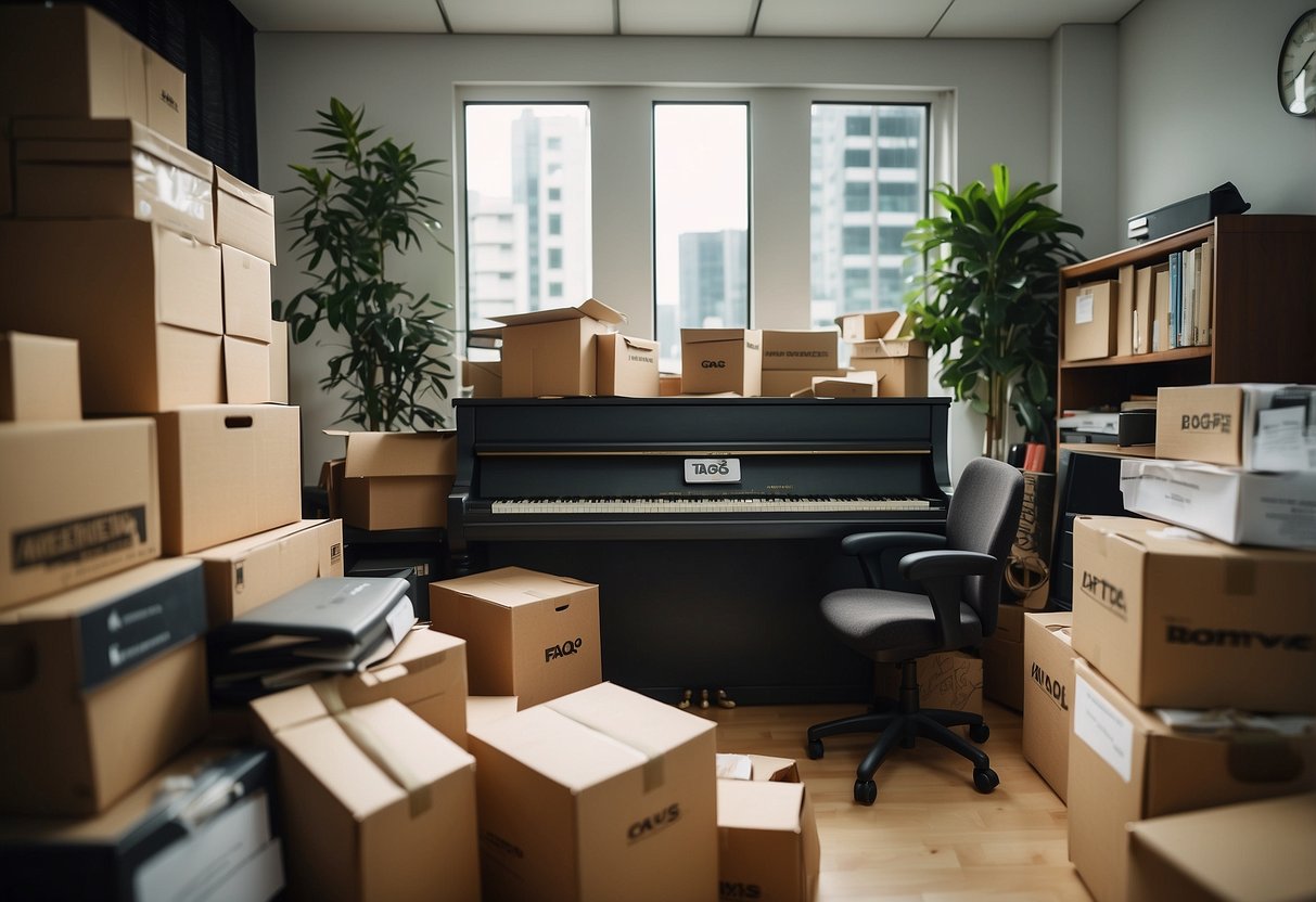 A cluttered office with boxes labeled "FAQs" and furniture. A piano sits in the corner. Signs advertise "cheap movers" in Singapore