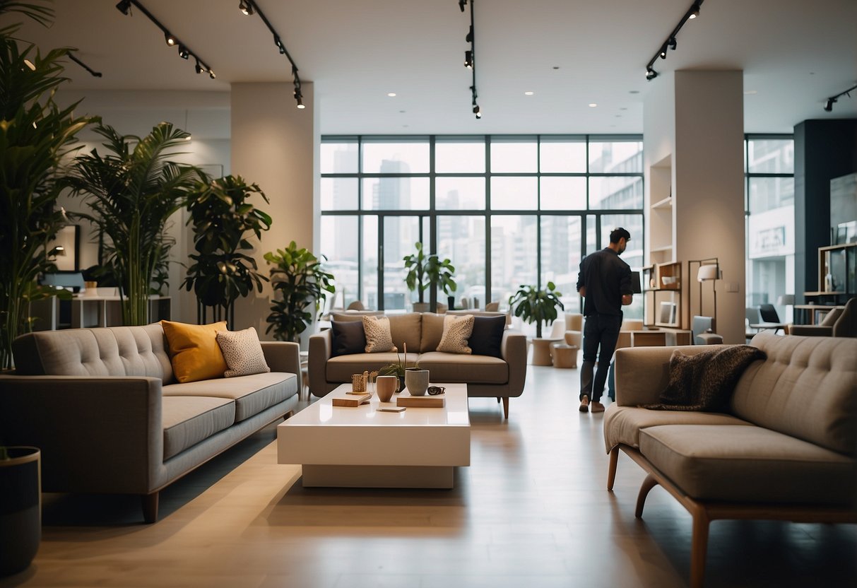 A customer browsing through a showroom of modern furniture with a sign reading "Frequently Asked Questions nova furniture singapore" displayed prominently
