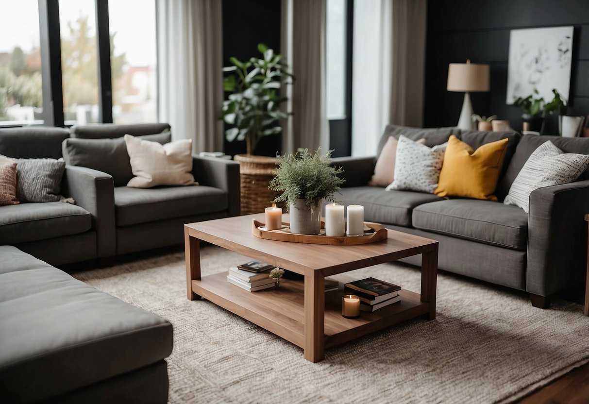 A cozy living room with a low, sleek coffee table surrounded by comfortable seating. The table features built-in storage and a smooth, easy-to-clean surface for added convenience