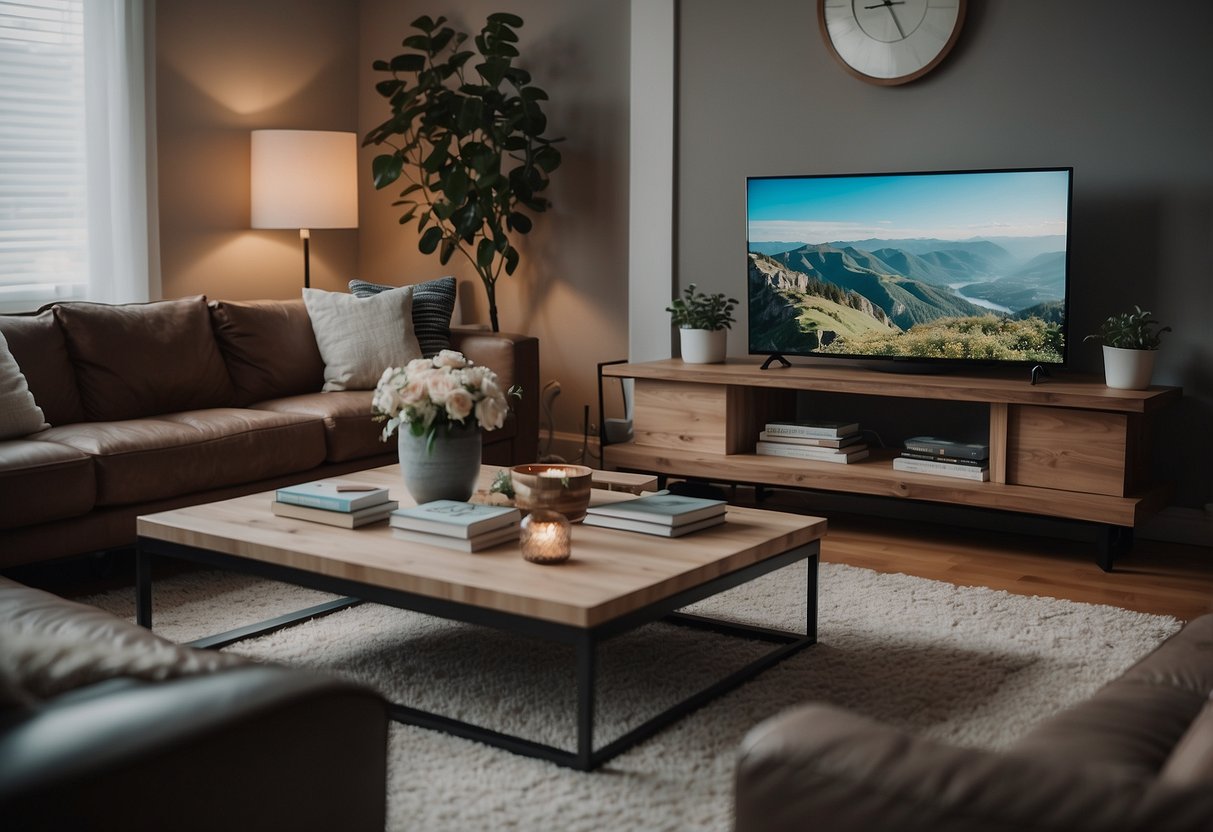 A cozy living room with a modern coffee table surrounded by comfortable furniture, with a stack of Frequently Asked Questions books on the table