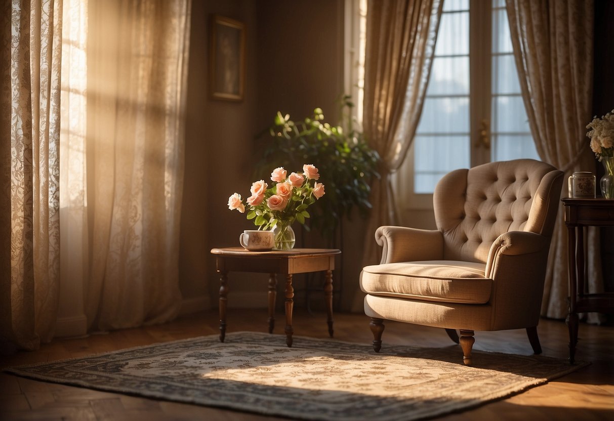 A cozy living room with a vintage armchair, a wooden coffee table, and a floral-patterned rug. Sunlight streams through lace curtains, casting a warm glow on the antique furniture
