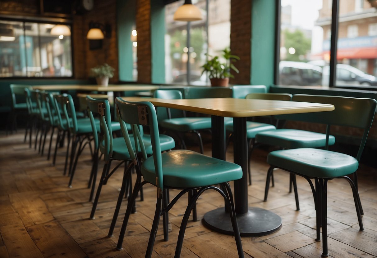 The cheap cafe furniture was worn and mismatched, with wobbly tables and plastic chairs. The faded tabletops were covered in scratches and stains, and the chairs creaked with every movement
