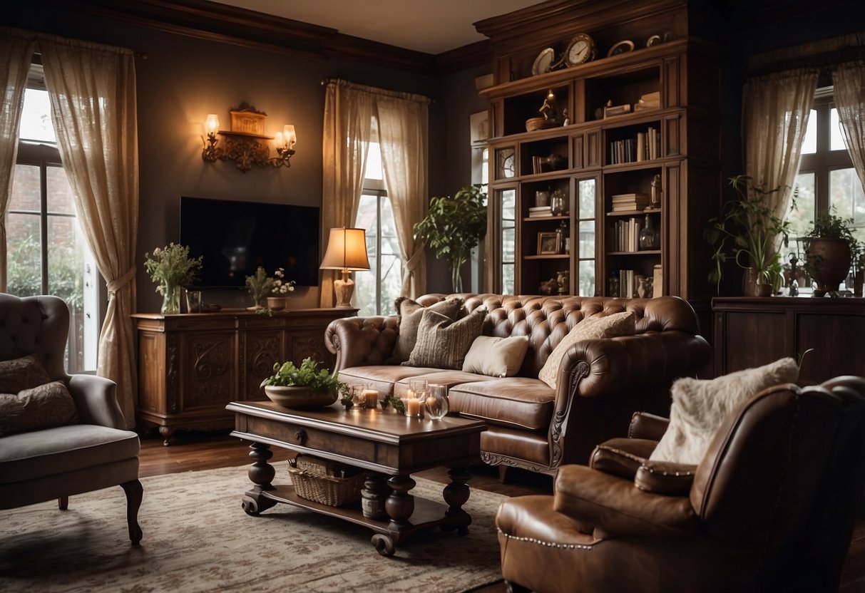 A cozy living room with a mix of ornate Victorian furniture and rustic farmhouse pieces. Soft lighting enhances the rich wood tones and intricate carvings, creating a warm and inviting atmosphere